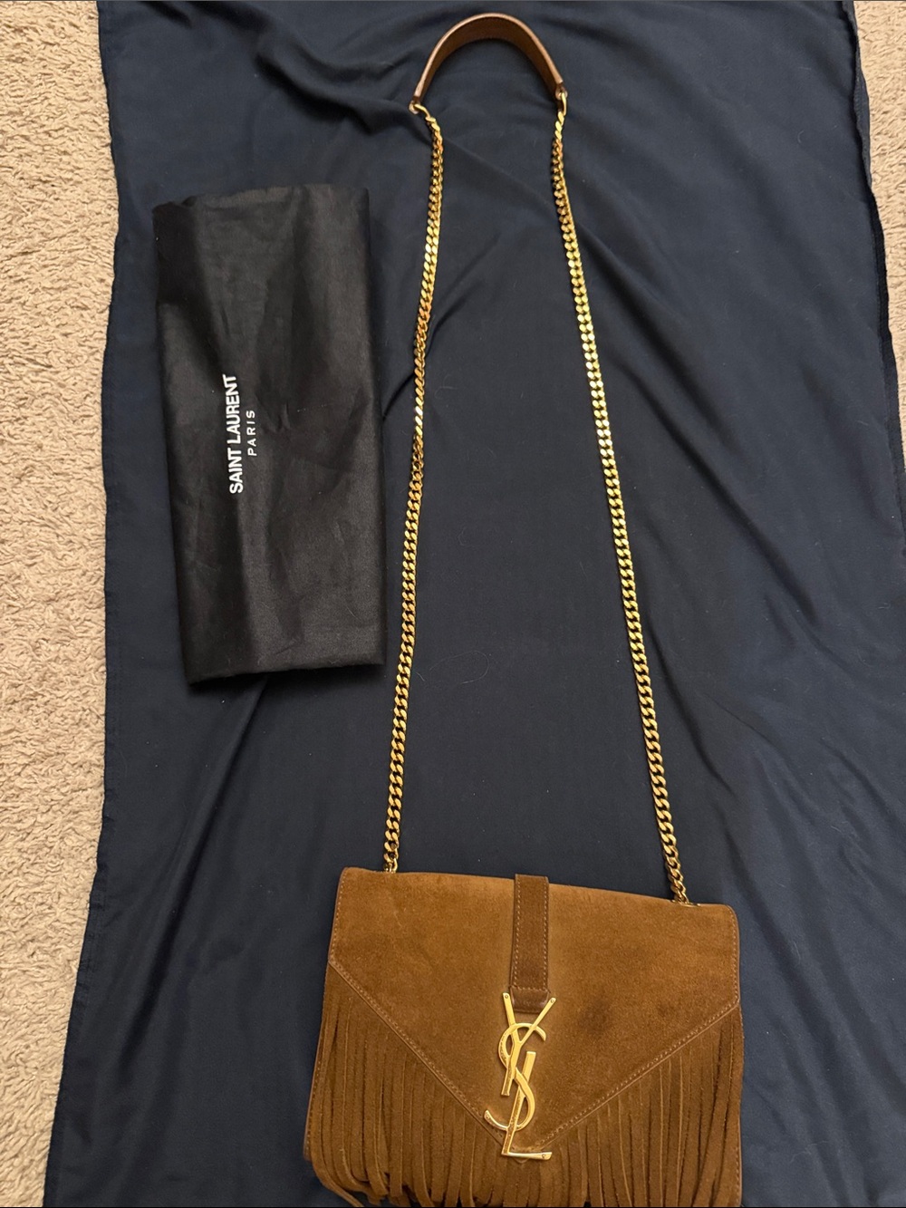 Saint Laurent Brown Suede Fringe Shoulder Bag with Gold YSL Hardware - Picture 3 of 17